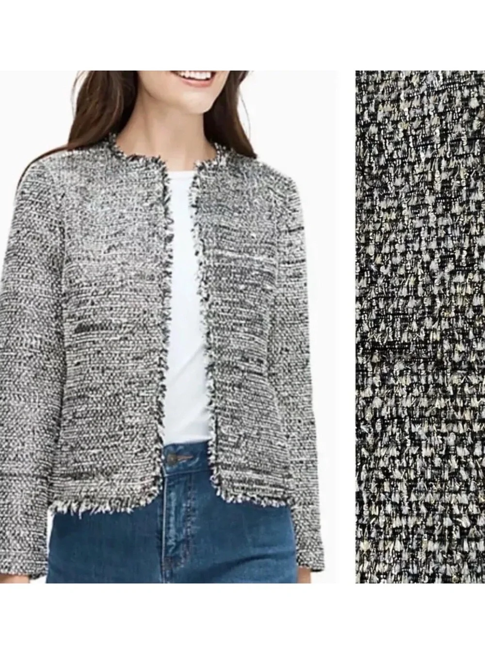 Kate Spade New York Metallic Sparkle Party Tweed Fringe Trim Open Front Jacket